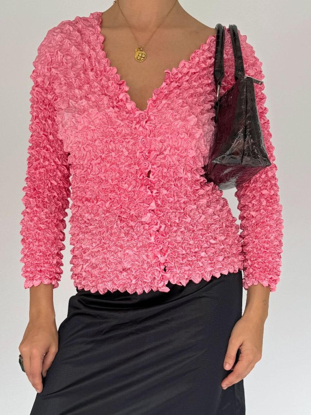 90s Y2K vintage pink stretchy funky light button up popcorn top blouse cardigan